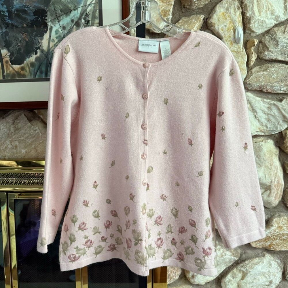 Vintage Liz Claiborne foral beaded button up sweater set set cottagecore grandm - Picture 2 of 11